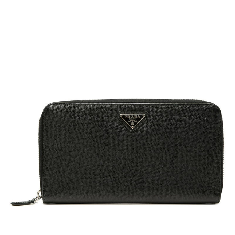 Prada Triangle Plate Saffiano Travel Case Organizer Long Wallet Black Leather
